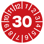 Jahresprüfplaketten rot Ø 20 mm Jahr 2030 aus Dokumentenfolie 10 Stück/Bogen