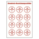 Stromkreisbezeichnung für Stromkreis 16/1 bis 16/12, Folie selbstklebend Ø 40 mm 12 Stück/Bogen