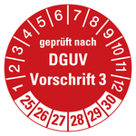 Prüfplaketten rot Ø 30 mm "geprüft nach DGUV Vorschrift 3" 500 Stück in Spenderbox
