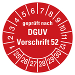 Prüfplaketten rot Ø 30 mm "geprüft nach DGUV Vorschrift 52" aus PVC-Folie 10 Stück/Bogen