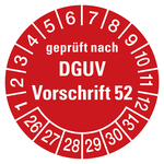 Prüfplaketten rot Ø 30 mm "geprüft nach DGUV Vorschrift 52" 2026 - 2031 aus PVC-Folie 10 Stück/Bogen