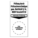 Grundplakette weiß 40 x 80 mm "Prüfung gem. BetrSichV §14, DGUV Vorschrift 52, nächste Prüfung" 50er Pack