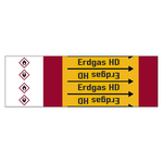 Rohrleitungskennzeichen Erdgas HD für Rohrleitungen ab Ø 10 mm (3/8 Zoll), Folie selbstklebend 105 mm x 33 m auf Rolle