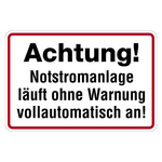 Hinweisschild "Achtung! Notstromanlage" Folie selbstklebend 300 x 200 mm