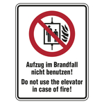 Verbotsschild Aufzug im Brandfall nicht benutzen 2-sprachig