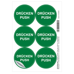 Türetikett grün "Drücken / Push" deutsch/englisch Folie selbstklebend Ø 60 mm 6 Stück/Bogen