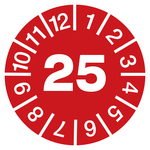 Jahresprüfplaketten rot Ø 30 mm Jahr 2025 aus Dokumentenfolie 10 Stück/Bogen
