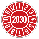 Jahresprüfplaketten rot Ø 35 mm Jahr 2030 aus PVC-Folie 10 Stück/Bogen
