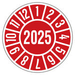 Jahresprüfplaketten rot Ø 35 mm Jahr 2025 aus Dokumentenfolie 10 Stück/Bogen