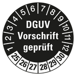 Prüfplaketten schwarz Ø 30 mm "DGUV Vorschrift geprüft" 2025 bis 2030 aus PVC-Folie 10 Stück/Bogen