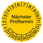 Pr&uuml;fplakette N&auml;chster Pr&uuml;ftermin 2031 Gelb Folie &Oslash; 60 mm 4 St&uuml;ck/Bogen