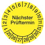 Prüfplaketten gelb Ø 30 mm "Nächster Prüftermin" 2025 - 2030 aus PVC-Folie 10 Stück/Bogen