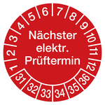 Pr&uuml;fplakette N&auml;chster elektr. Pr&uuml;ftermin 2031 Rot Folie &Oslash; 20 mm 10 St&uuml;ck/Bogen