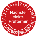 Prüfplaketten rot Ø 30 mm "Nächster elektr. Prüftermin" 2025 - 2030 aus PVC-Folie 10 Stück/Bogen