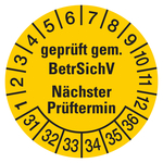 Pr&uuml;fplakette gepr&uuml;ft gem. BetrSichV N&auml;chster Pr&uuml;ftermin 2031 Gelb Folie &Oslash; 30 mm 10 St&uuml;ck/Bogen