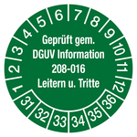 Pr&uuml;fplakette Gepr&uuml;ft gem. DGUV Information 208-016 Leitern u. Tritte 2031 Gr&uuml;n Folie &Oslash; 30 mm 10 St&uuml;ck/Bogen