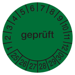 Prüfplaketten grün Ø 30 mm "geprüft" 2025 - 2030 aus PVC-Folie 10 Stück/Bogen