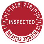 Mehrjahrespr&uuml;fplakette Rot "INSPECTED" Jahr 2030 Folie &Oslash; 30 mm 10 St&uuml;ck/Bogen