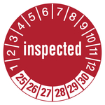 Prüfplaketten rot Ø 30 mm "inspected" 2025 - 2030 aus PVC-Folie 10 Stück/Bogen