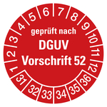 Pr&uuml;fplakette gepr&uuml;ft nach DGUV Vorschrift 52 2031 Rot Folie mit Schutzfolie &Oslash; 15 mm 10 St&uuml;ck/Bogen