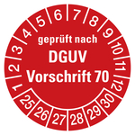 Pr&uuml;fplaketten rot &Oslash; 30 mm "gepr&uuml;ft nach DGUV Vorschrift 70" 2025 - 2030 aus PVC-Folie 10 St&uuml;ck/Bogen