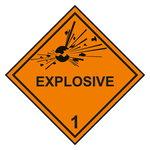 Gefahrzettel, Gefahrgutaufkleber Klasse 1 Explosive Stoffe mit Zusatztext EXPLOSIVE und durchgehender Kontrastlinie in verschiedenen Größen und Materialien