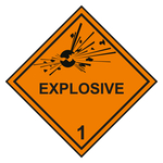 Gefahrzettel, Gefahrgutaufkleber Klasse 1 Explosive Stoffe mit Zusatztext EXPLOSIVE und durchgehender Kontrastlinie, Folie, 30 x 30 mm, 12 Stück/Bogen