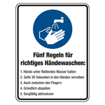 Kombischild Gebotszeichen "5 Regeln zum Händewaschen" Folie selbstklebend, 150 x 200 mm