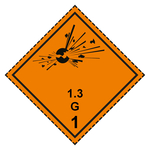 Gefahrzettel, Gefahrgutaufkleber Klasse 1.3 G Explosive Stoffe mit gestrichelter Kontrastlinie, Folie, 150 x 150 mm, 100 St&uuml;ck/Rolle