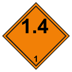 Gefahrzettel, Gefahrgutaufkleber Klasse 1.4 Explosive Stoffe mit durchgehender Kontrastlinie, Folie, 20 x 20 mm, 20 Stück/Bogen