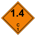 Gefahrzettel, Gefahrgutaufkleber Klasse 1.4 C Explosive Stoffe mit gestrichelter Kontrastlinie, Folie, 100 x 100 mm, 100 St&uuml;ck/Rolle