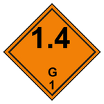 Gefahrzettel, Gefahrgutaufkleber Klasse 1.4 G Explosive Stoffe mit durchgehender Kontrastlinie, Folie, 100 x 100 mm, 500 Stück/Rolle
