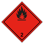Gefahrzettel, Gefahrgutaufkleber Klasse 2.1 Entzündbare Gase, Flamme Schwarz mit gestrichelter Kontrastlinie in verschiedenen Größen und Materialien