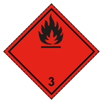 Gefahrzettel, Gefahrgutaufkleber Klasse 3 Entz&uuml;ndbare, fl&uuml;ssige Stoffe, Flamme Schwarz mit gestrichelter Kontrastlinie, Folie, 150 x 150 mm, Einzeletikett