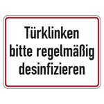 Hinweisschild Verhaltensregeln "Türklinken bitte regelmäßig desinfizieren", Folie, 200 x 150 mm, Einzeletikett