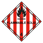 Gefahrzettel, Gefahrgutaufkleber Klasse 4.1 Entzündbare feste Stoffe mit Zusatztext FLAMMABLE SOLID, Flamme Schwarz mit durchgehender Kontrastlinie in verschiedenen Größen und Materialien