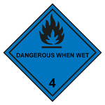 Gefahrzettel, Gefahrgutaufkleber Klasse 4.3 Stoffe, die mit Wasser entzündliche Gase bilden mit Zusatztext DANGEROUS WHEN WET, Flamme Schwarz mit durchgehender Kontrastlinie in verschiedenen Größen und Materialien
