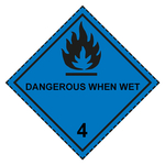 Gefahrzettel, Gefahrgutaufkleber Klasse 4.3 Stoffe, die mit Wasser entzündliche Gase bilden mit Zusatztext DANGEROUS WHEN WET, Flamme Schwarz mit gestrichelter Kontrastlinie in verschiedenen Größen und Materialien