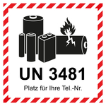 Aufkleber Lithium Batterie mit UN-Nummer UN 3481 und Eindruck Telefonnummer, Haftpapier, 100 x 100 mm, 500 Stück/Rolle