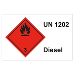Gefahrzettel, Kombi-Aufkleber, Gefahrgutaufkleber Klasse 3 Entzündbare, flüssige Stoffe, UN 1202, Diesel in verschiedenen Größen und Materialien