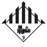 Gefahrzettel, Gefahrgutaufkleber Klasse 9A Verschiedene gef&auml;hrliche Stoffe und Gegenst&auml;nde, mit Batteriesymbol Schwarz, Magnetfolie, 100 x 100 mm, Einzelst&uuml;ck