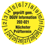 Prüfplaketten gelb Ø 30 mm "geprüft gem. DGUV Information 202-021 Nächster ... " 2024 10 Stück/Bogen
