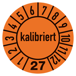 Jahresprüfplaketten orange Ø 10 mm "kalibriert" Jahr 2027 aus PVC-Folie 10 Stück/Bogen