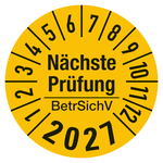 Jahrespr&uuml;fplaketten Gelb "N&auml;chste Pr&uuml;fung BetrSichV" Jahr 2027 Folie &Oslash; 30 mm 10 St&uuml;ck/Bogen