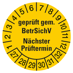 Pr&uuml;fplakette gepr&uuml;ft gem. BetrSichV N&auml;chster Pr&uuml;ftermin 2027 Gelb Graspapier &Oslash; 40 mm 100 St&uuml;ck/Rolle
