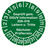 Mehrjahrespr&uuml;fplakette Gr&uuml;n "Gepr&uuml;ft gem. DGUV Information 208-016 Leitern u. Tritte, N&auml;chster Pr&uuml;ftermin" Jahr 2027 Folie &Oslash; 30 mm 10 St&uuml;ck/Bogen