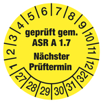 Pr&uuml;fplaketten gelb &Oslash; 30 mm "gepr&uuml;ft gem. ASR A 1.7 N&auml;chster Pr&uuml;ftermin" Jahr 2027 aus PVC-Folie 10 St&uuml;ck/Bogen