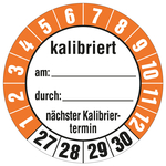 Pr&uuml;fplaketten &Oslash; 35 mm "kalibriert am, durch, n&auml;chster Kalibriertermin" 2027 - 2030 10 St&uuml;ck/Bogen