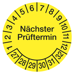 Pr&uuml;fplaketten gelb &Oslash; 30 mm "N&auml;chster Pr&uuml;ftermin" 2027 - 2032 aus Dokumentenfolie 10 St&uuml;ck/Bogen