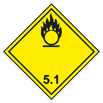 Gefahrzettel, Gefahrgutaufkleber Klasse 5.1 Entzündend (oxidierend) wirkende Stoffe, Flamme über einem Kreis Schwarz, mit durchgehender Kontrastlinie in verschiedenen Größen und Materialien